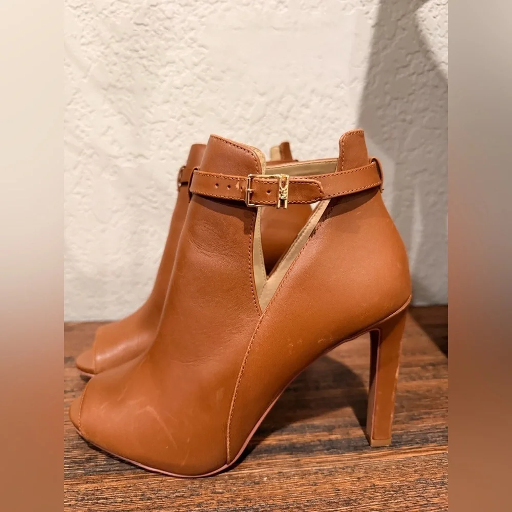 Michael Kors Lawson booties 9 ankle peep toe stiletto boots brown leather